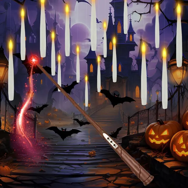 BENALLA 10 Drijvende LED-Kaarsen Met Toverstaf - Hangende Kaarsen Met Flikkerend Warm Licht - LED-Kaarsenset Voor Halloween En Kerstmis Wit