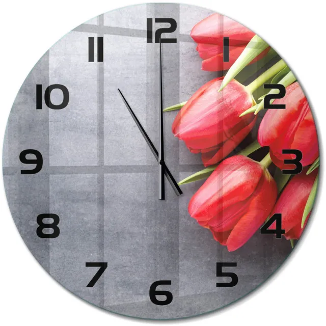 TULUP Wandklok - Rode tulpen Wandklok Glas Met Motief - fi60 cm - Rood Decoratieve Glazen Klok - Zwarte handen - Ronde Klok - Gekleurde Glazen Klok - Glazen Klok Met Print