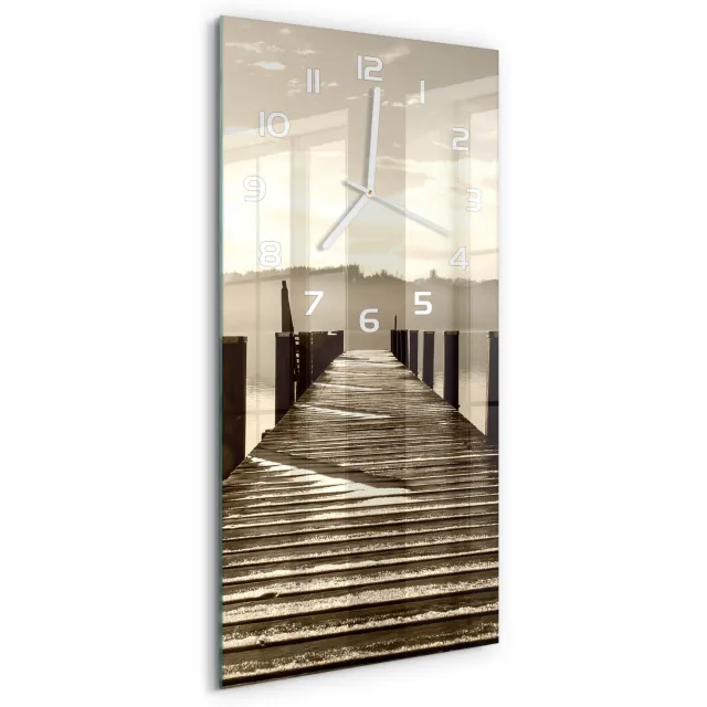 TULUP Wandklok - Houten brug Wandklok Glas Met Motief - 30x60 cm - Bruin Decoratieve Glazen Klok - Witte handen - Rechthoekige Klok - Gekleurde Glazen Klok - Glazen Klok Met Print