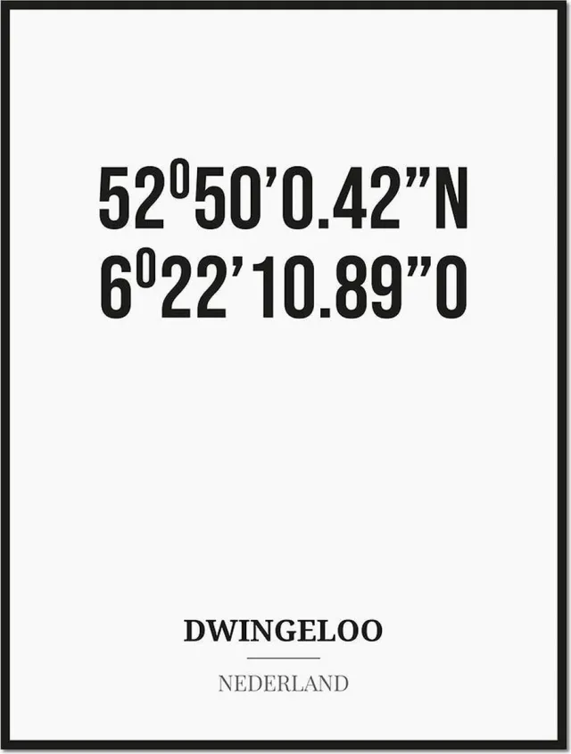 Studio216 Poster/kaart DWINGELOO met coördinaten zwart, wit