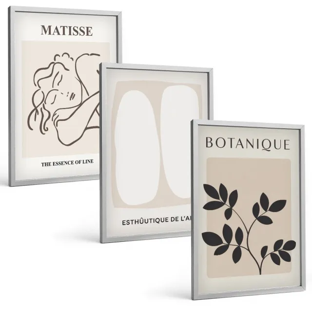 TULUP 4-Delige Schilderij Set - Stijlvolle minimalistische schilderijen met plantmotieven van Matisse - 40 x 60 cm - Schilderijen Set - Wanddecoratie - Woonkamer - Woonkamer Decoratie Zilveren lijst