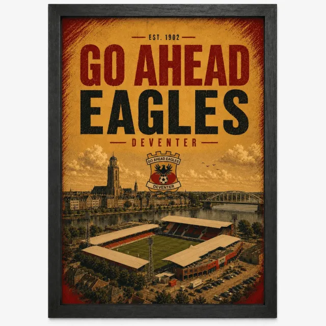 Joshimo Go Ahead Eagles Poster | Deventer skyline | De Adelaarshorst | Retro Voetbal Wanddecoratie | Inclusief Zwarte A4 Lijst
