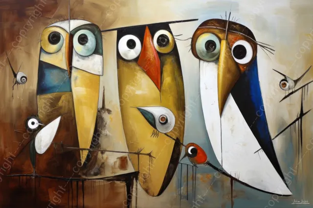 John Joseb Art (Canvas) 120x80 | Vogels en kuiken op een tak, abstract surrealisme, Joan Miro stijl, humor, kunst | dier, vogel, uil, boom, rood, bruin, blauw, modern | Foto-Schilderij canvas print (wanddecoratie) Canvas, dikte 2 cm