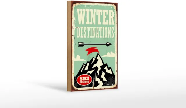 Femer Holzschild Retro 12x18cm Ski winter destinations Multicolor
