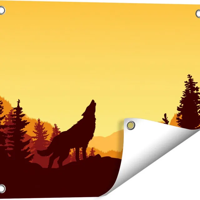 Gards Tuinposter Silhouet van een Wolf in het Bos - Abstract - 50x40 cm - Tuindoek - Tuindecoratie - Wanddecoratie buiten - Tuinschilderij Multikleur