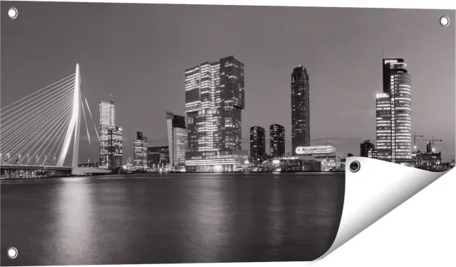 Gards Tuinposter Rotterdamse Skyline - Zwart Wit - 80x40 cm - Tuindoek - Tuindecoratie - Wanddecoratie buiten - Tuinschilderij Multikleur