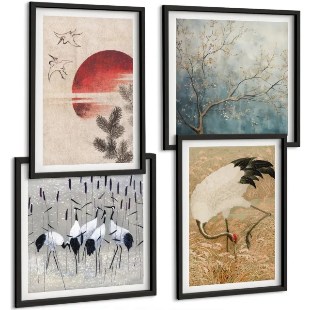 TULUP 4-Delige Schilderij Set - Illustraties van Japanse kraanvogels Japandi Landschap - 40 x 40 cm en 40 x 60 cm - Decoratieve Muurdecoratie - Slaapkamer - Decoratieve Schilderijen Zwarte lijst