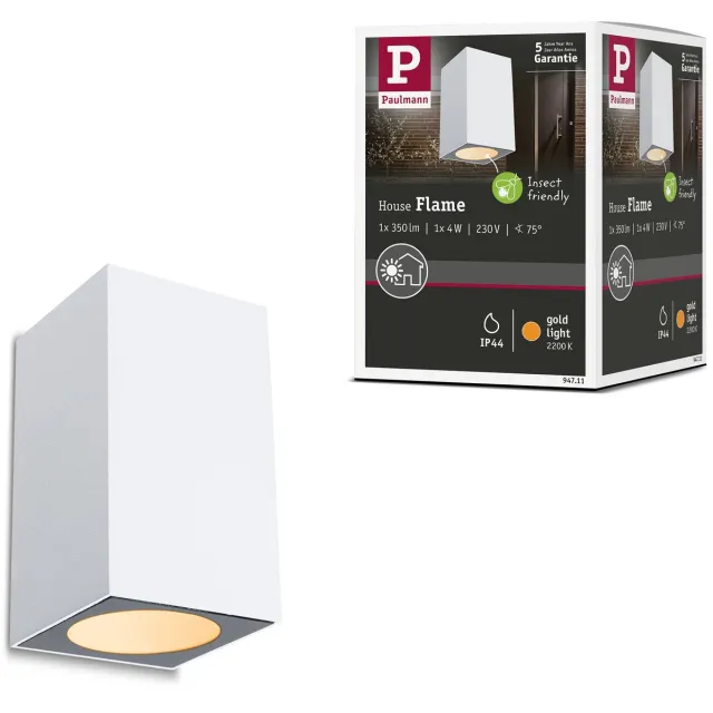 Paulmann LED-wandlamp Flame insectvriendelijk IP44 hoekig 58x103 mm 2200K 4W 265lm 230V 75° Wit Metaal