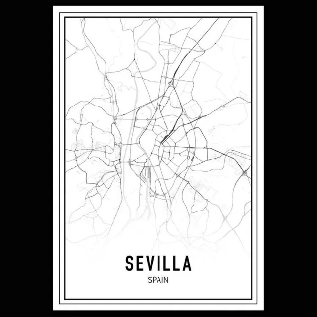 Punt. Poster - City Map Sevilla - 70 X 50 Cm - Zwart En Wit Zwart Wit