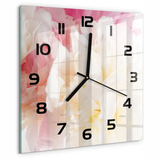 TULUP Wandklok - Pioen Moderne Wandklok Glas - 30x30 cm - Roze Wandklok Glas Decoratie - Zwarte handen - Vierkante Klok - Glazen Wandklok Design - Klok Glas Met Opdruk