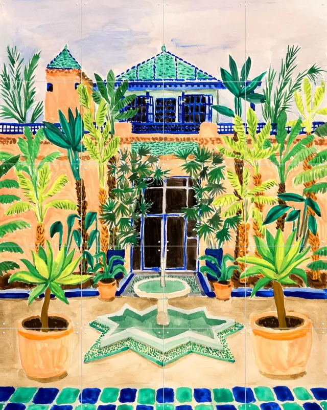 IXXI Jardin Majorelle, Palmartprints - 80 x 100 cm - Grote wanddecoratie en posters - Illustraties, Speels, Kleurrijk, Geometrische Kunst, Modern Oranje / Blauw / Groen