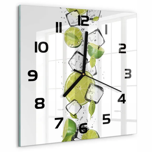 TULUP Wandklok - Limoen met ijs Wandklok Glas Met Motief - 30x30 cm - Groente Decoratieve Glazen Klok - Zwarte handen - Vierkante Klok - Gekleurde Glazen Klok - Glazen Klok Met Print