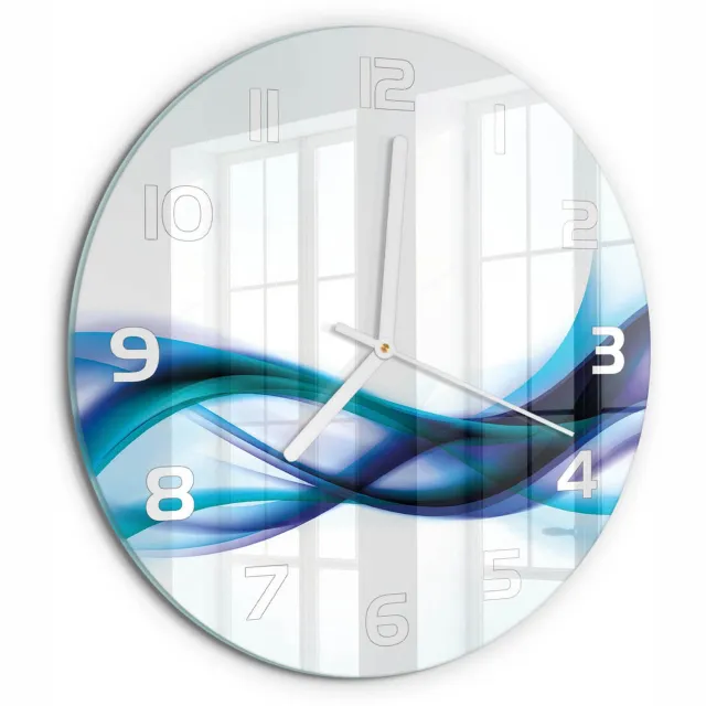TULUP Wandklok - Golfabstractie Gekleurde Glazen Klok - fi30 cm - Blauw Glazen Klok Met Print - Witte handen - Ronde Klok - Moderne Wandklok Glas - Wandklok Glas Decoratie