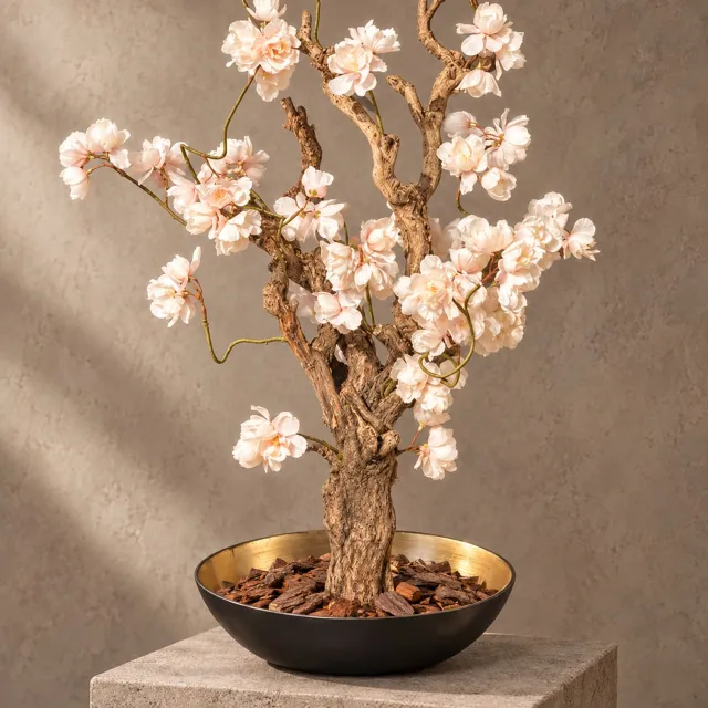 Seta Fiori Kunstbloesemboom Zacht Roze met Zwart-Gouden Schaal - Handgemaakt in Nederland - Echte Houten Stam - 60 cm Champagne creme / zwart en goud
