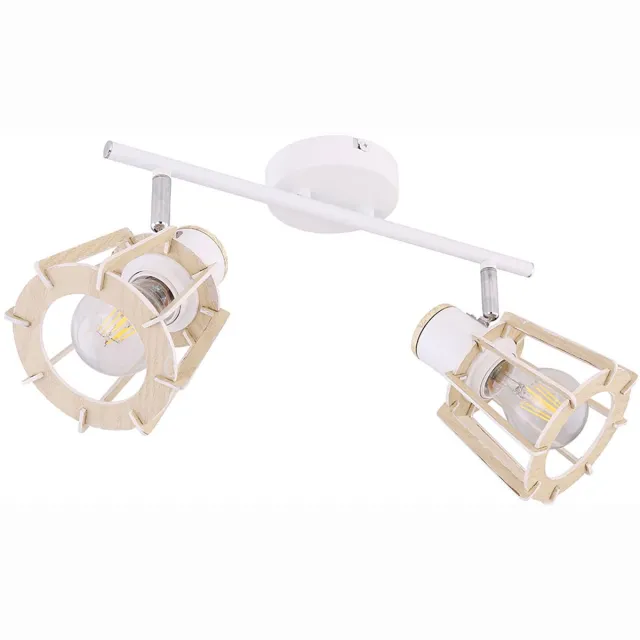 Globo Plafondlamp wit plafondspot hout spots voor plafond, 2 vlammen beweegbare spots, landhuis stijl hout look metaal wit naturel, 2x E27 stopcontacten, LxBxH 36x17x18cm Bruin
