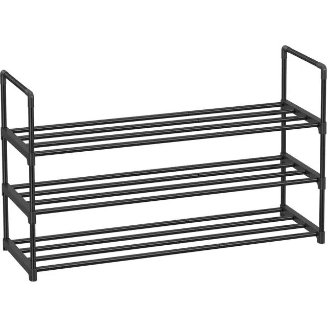 Songmics 3-plank schoenenrek, metalen schoenopbergorganisator, eenvoudig te monteren, 12 tot 15 paar schoenen, stapelbare schoenenplank voor kast, ingang, zwart LSA303B02