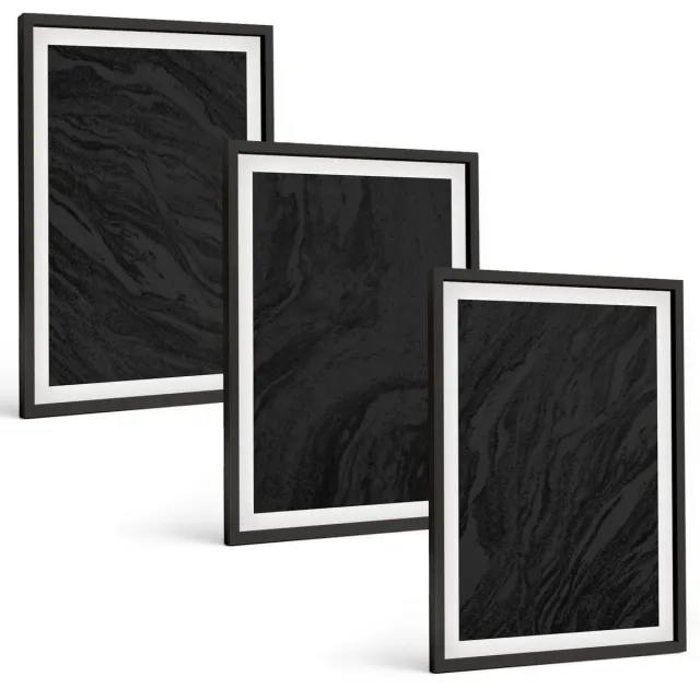 Coloray 3-Delige Schilderij Set - Donker Marmer, Elegante Texturen In Een Glamoureuze Stijl. - 40 x 60 cm - Moderne Wanddecoratie - Woonkamer - Muurdecoratie Zwarte lijst