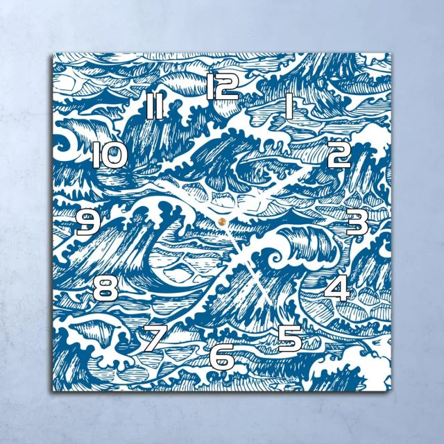Coloray Wandklok - Stormgolven Klok Glas - 30x30 cm - Blauw Wandklok - Wandklok Vierkant - Wandklok Scandinavisch - Wandklokken Woonkamer - Stille Wandklok Blauw - Stormgolven - Witte Handen