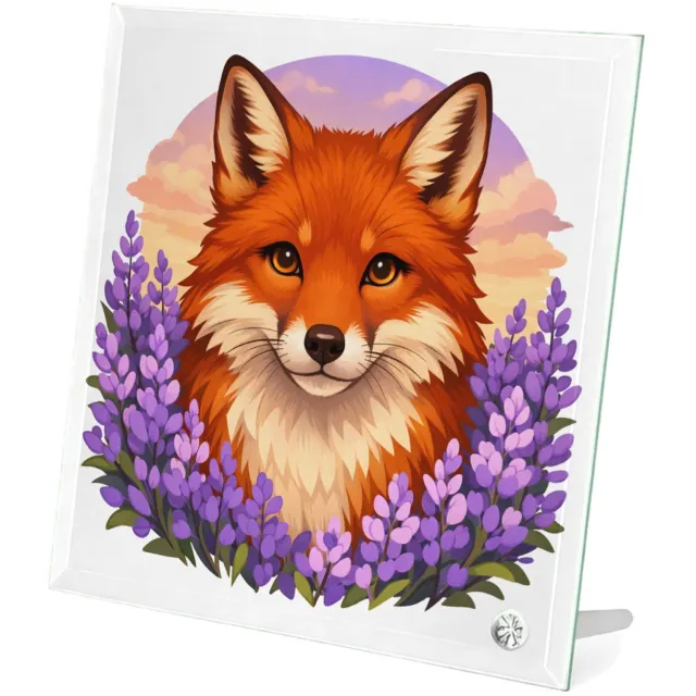 Mr Cadeautjes Glasframe 20 x 20 - design Frontaal portret van een vos in een veld van paarse bloemen | cadeau Wit