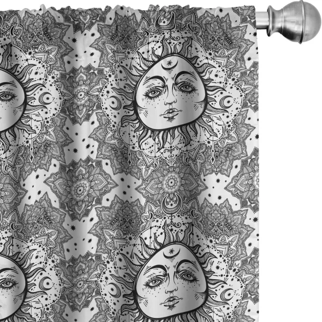 ABAKUHAUS Astrologie Raamgordijnen, Bloemen Mandala Boho, Lichtgewicht decoratieve 2-delige set met roedezak, 2 stuks 75 cm B x 225 cm L, Wit zwart