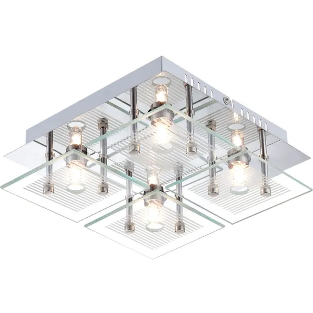 Globo Lighting Woonkamerlamp plafondlamp eetkamerlamp, 4 vlammen, glas chroom wit helder gestreept, G9 fitting, LxBxH 21x21x7cm zilver
