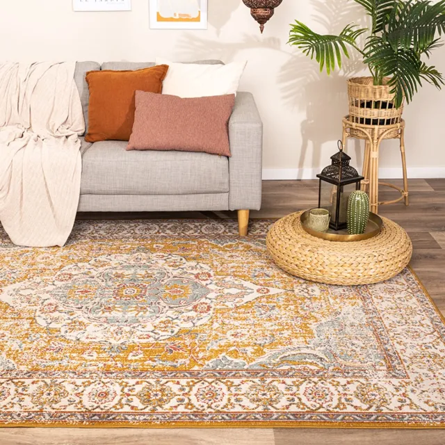 Fraai Vintage vloerkleed - Thirza Medaillon Okergeel/Multicolor - 140x200cm