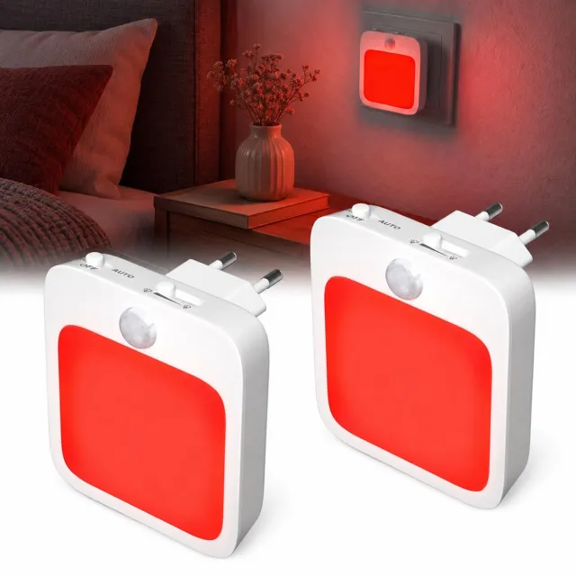 Namajunas 625 nm Rood LED Nachtlampje Stopcontact - 2 Stuks - Met Bewegingssensor - Dimbaar - Voor Babykamer, Slaapkamer, Gang en Trap