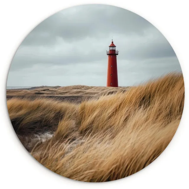 WallCircle Wandcirkel 120x120 cm - Muurcirkel Duinen - Vuurtoren - Rood - Lucht - Muurdecoratie woonkamer - Wanddecoratie slaapkamer - Kamer decoratie accessoires - Ronde schilderijen