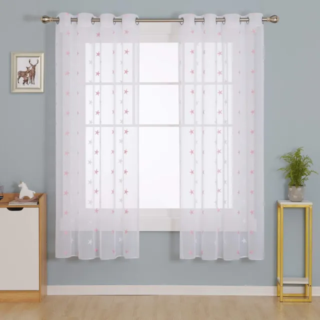 Unyqoos ® Transparante Voilegordijnen met Geborduurde Sterren en Stippen in Zachtroze, Set van 2, 175x140 cm