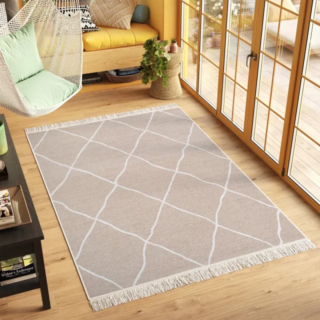 Tapiso Azteca Vloerkleed Beige Franjes Katoenen Dubbelzijdig Tapijt Maat- 140x200 Beige Lijnen