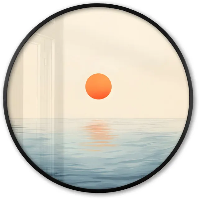 FrameYourWall Poster in lijst Rond - Fotolijst 80x80 cm - Posters - Zon - Oranje - Zee - Ronde posterlijst zwart - Decoratie - Wanddecoratie woonkamer - Muurdecoratie slaapkamer Zon - Zee
