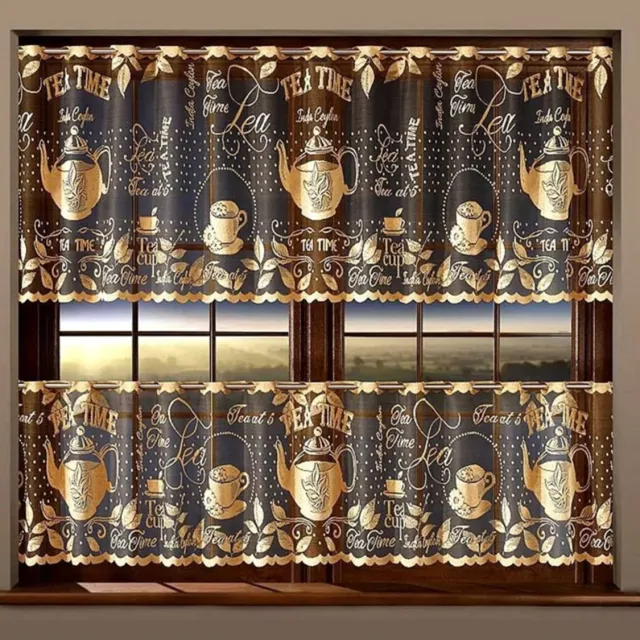 Wisan Tea - Jacquard vitrage 200 x 90 cm - Gordijnen - Curtains - Jacquardgordijnen- Kleuring van diepe aarde met gouden patroon- 200 x 90 cm bruin/ goud/ zwart
