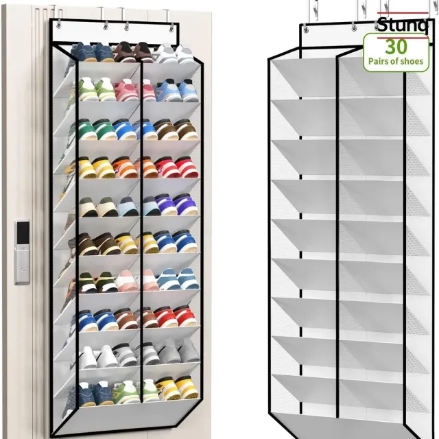 Stunq 20-laags over-de-deur schoenenorganizer – 30 paar – lichtgrijs met zwart frame Wit