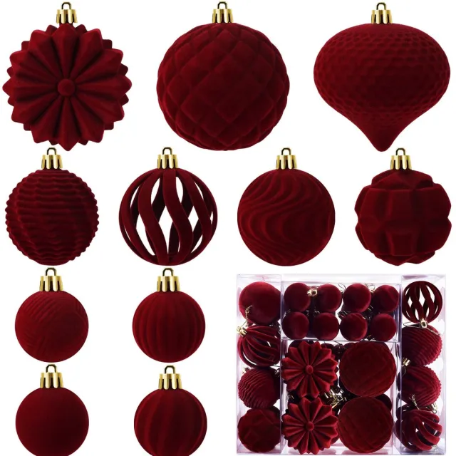 Mrilary 48 Stuks Fluwelen Kerstballen voor Kerstboomversiering | Vlokkige Kerstboomversiering, Onbreekbare Hangende Kerstballen voor Kerstboom, Huisdecoratie, Feestdagen, Bruiloften en Feesten (Bourgogne)