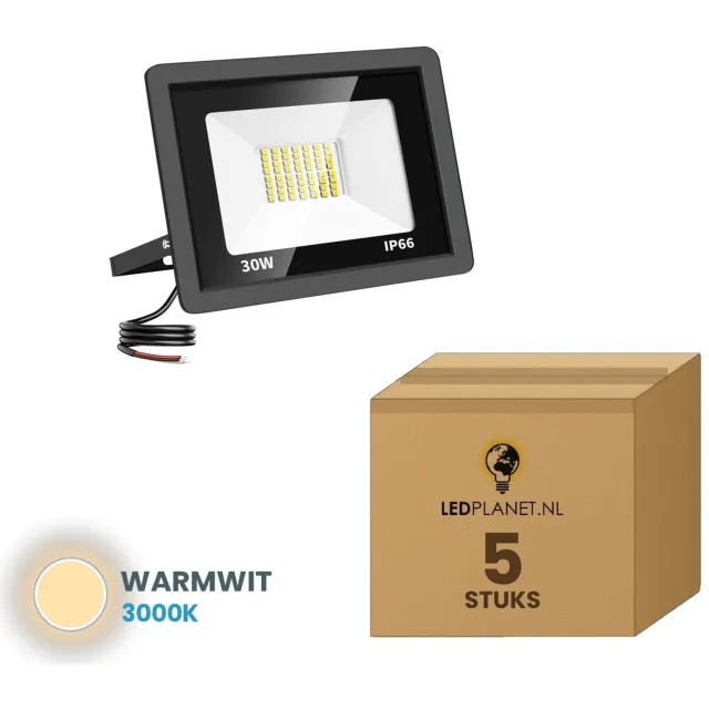 Tsong LED Schijnwerper 30W - 5 stuks - 3.000 lm - Warmwit 3000K - 120° Breedstraler - IP66 - Buitenlamp & Gevelverlichting - 2 jaar garantie