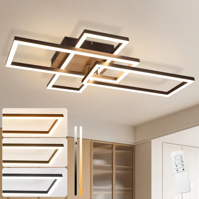 NETTLIFE Plafondlamp LED - Hout - Zwart - 3000-6500K Dimbaar - 3 Lichts - Geometrische Design - 64CM Keukenlamp - met Afstandsbediening - voor Woonkamer | Slaapkamer - 36W Wit
