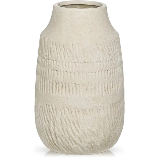 Unyqoos Handgemaakte slanke keramische vaas in boho-stijl voor stijlvolle decoratie, 23cm, Beige