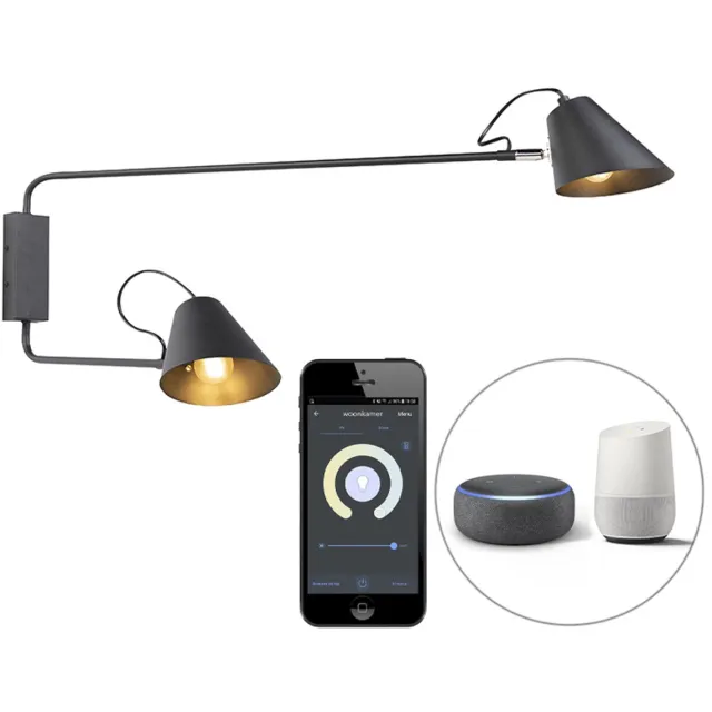 QAZQA lune wl - Retro LED Smart Wandlamp incl. wifi voor binnen - 2 lichts - L 90 cm - Zwart - Woonkamer | Slaapkamer Zwart Smart LED