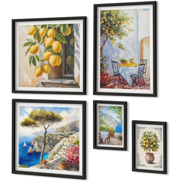 Coloray 5-Delige Schilderij Set - Citrusinspiratie In Een Zonnige Mediterrane Stijl - 50 x 50 cm, 20 x 30 cm En 40 x 60 cm - Stijlvolle Muurdecoratie - Slaapkamer - Interieur Decoratie Zwarte lijst