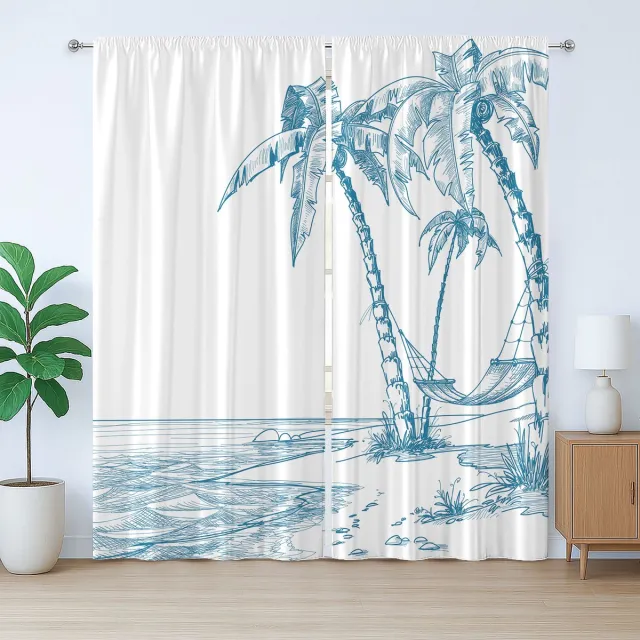 ABAKUHAUS Tropisch rustiek gordijn, palmbomen op het strand, slaapkamergordijn met lussen en haken, 280 x 225 cm, blauw wit