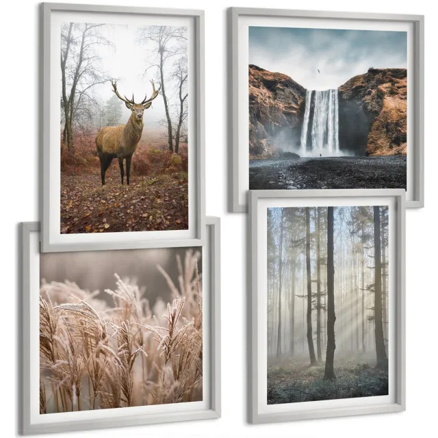 TULUP 4-Delige Schilderij Set - Boslandschappen Wilde natuur Herten - 40 x 40 cm en 40 x 60 cm - Wanddecoratie - Schilderijen Set - Kantoor Zilveren lijst