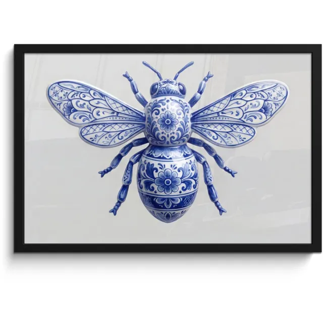 FrameYourWall Poster in lijst - Fotolijst 60x40 cm - Posters - Bij - Modern - Delfts - Blauw - Posterlijst zwart - Decoratie - Wanddecoratie woonkamer - Muurdecoratie slaapkamer