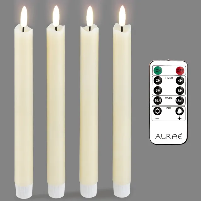 Aurae Led Kaarsen met Afstandsbediening 4x - Dinerkaarsen - 250+ Branduren - op Batterijen - Flikkerende Vlam - Timer - Kerst Kaarsen Ivoor