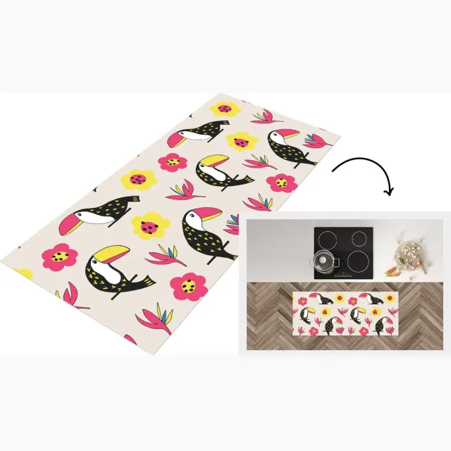 KitchenYeah Keukenloper - Loper keuken - Patronen - Vogel - Bloemen - Keukenloper vinyl multicolor