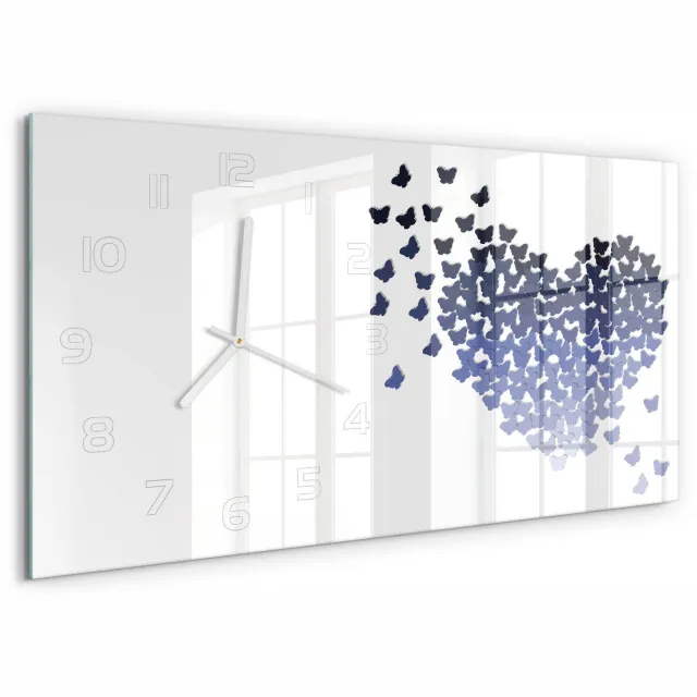 TULUP Wandklok - Hart van de vlinders Moderne Wandklok Glas - 60x30 cm - Blauw Wandklok Glas Decoratie - Witte handen - Rechthoekige Klok - Glazen Wandklok Design - Klok Glas Met Opdruk