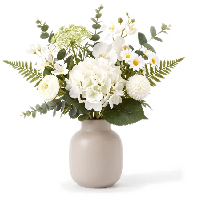 Salvik Kunstbloemen Boeket Wit - Kunst Bloemen met Hortensia en Varen - Kunst Hortensia - Kunstboeket - Nepbloemen - Decoratie Bloemen voor Binnen