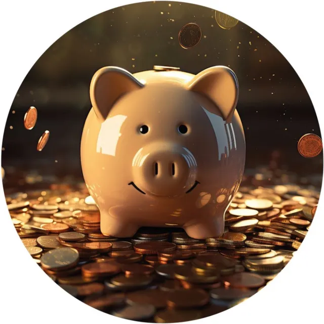 Myfinto Indoorart - Muurcirkel Spaarvarken Forex 40 cm - Wanddecoratie - Afbeelding op Forex - Inclusief ophangplaat roze, goud, bruin