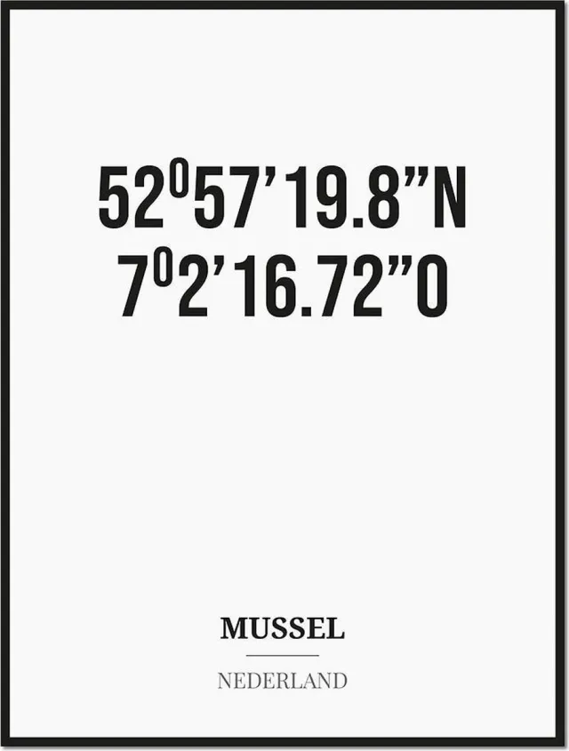 Studio216 Poster/kaart MUSSEL met coördinaten zwart, wit