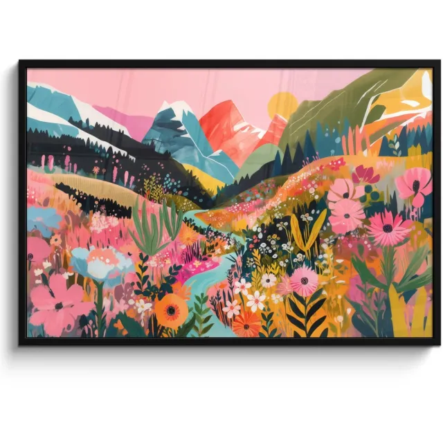 FrameYourWall Poster in lijst - Fotolijst 120x80 cm - Posters - Rivier - Diepte - Bloemen - Posterlijst zwart - Decoratie - Wanddecoratie woonkamer - Muurdecoratie slaapkamer Rivier - Bergen - Kleurrijk