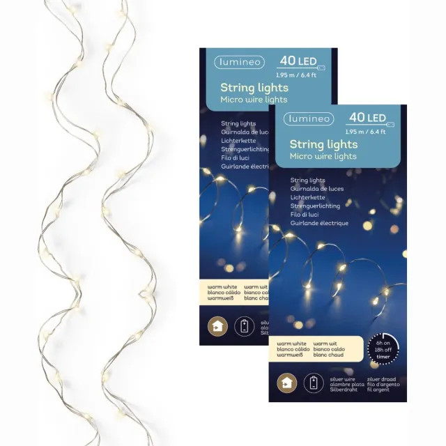 Lumineo Draadverlichting lichtsnoer - 2x - zilver - 40 led lampjes - warm wit - 195 cm - zilverdraad - timer - kerstverlichting